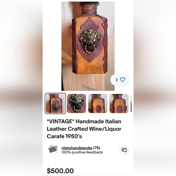 Italian Mid-Century Hand-Tooled and Gilded Leather Wine Carafe w Metal Lion Head - Picture 2 of 4